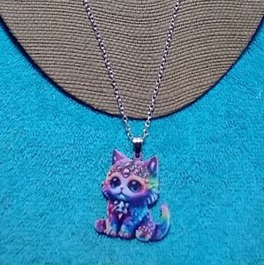 Colorful cat necklace purple blue pink green